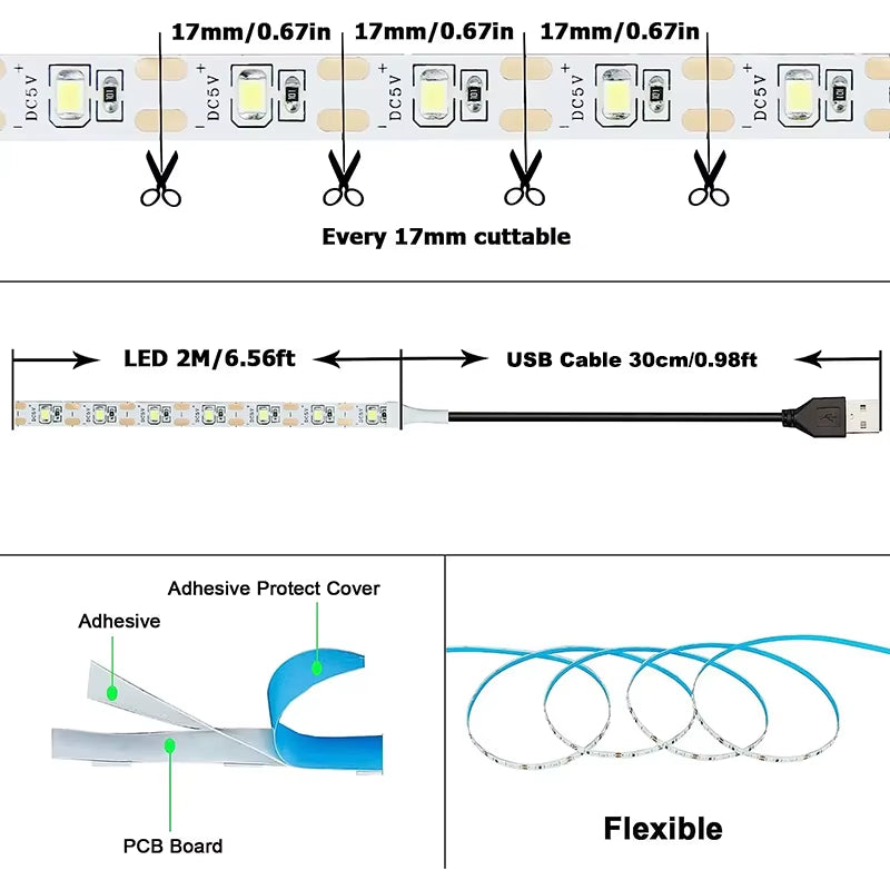 White Led Strip Lights Usb for Tv Smart Led Tape Light 5V Flexible Led Lighting Strips Adhesive Led Lights Strip 60Led