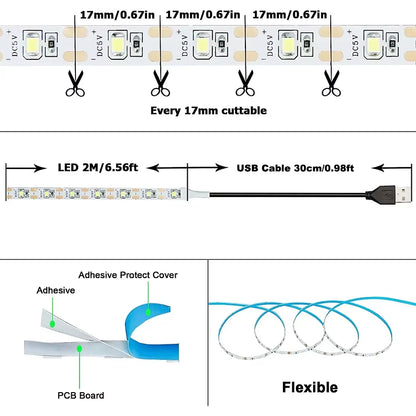 White Led Strip Lights Usb for Tv Smart Led Tape Light 5V Flexible Led Lighting Strips Adhesive Led Lights Strip 60Led